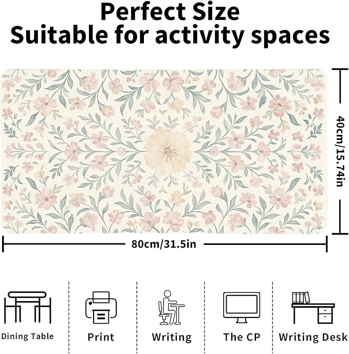 Soft Aesthetic Pastel Floral Desk Mat, Gentle PU Leather Desk Pad - Large Non-Slip Office Mat for a Calm & Stylish Gaming & Home Workspace（31.5 * 15.75in）