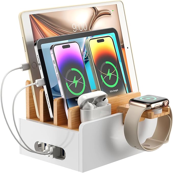 Pezin & Hulin Bamboo Charging Station for Multiple Devices with 5 Port USB Charger,5Cables,Smart Watch&Earbuds Stand, Desk Docking Stations Electronic Organizer for Cell Phone, Tablet (Natural+White)