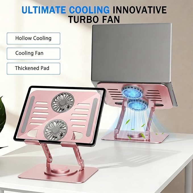 Laptop Stand with Cooling Fan, 360° Rotating Base Aluminum Laptop Riser, Foldable Ergonomic Computer Stand for Desk, Height Adjustable Notebook & All Laptops Up to 17.3" (Pink)