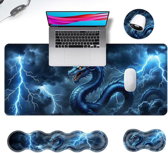 Ergonomic Mouse Pad Set with Wrist Support for Keyboard and Wrist Rest for Mouse, Memory Foam Comfort, Non-Slip Large Desk Mat for Home Office Pain Relief,Lightning Dragon