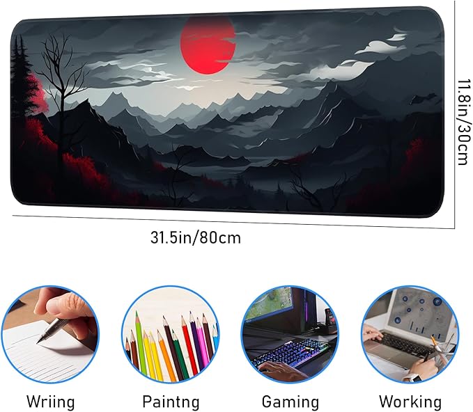 Gaming Mouse Pad, Non-Slip Rubber Bottom with Stitched Edge Desk Mouse Pad for Work, Home, Gaming, 31.5 x 11.8 Inch, Red Moon