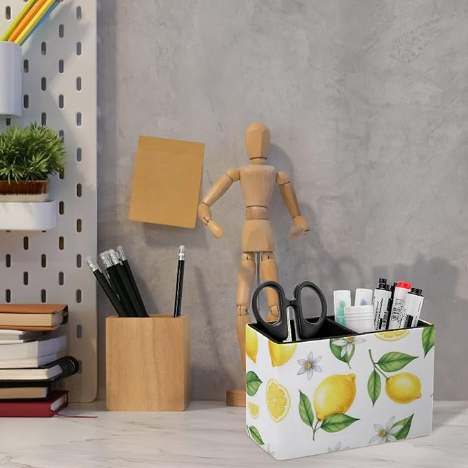 Square Pens Pencils Holder Cup Yellow Fruits Green Leaves Lemon Floral, Sleek and Sturdy Stationery Organizer