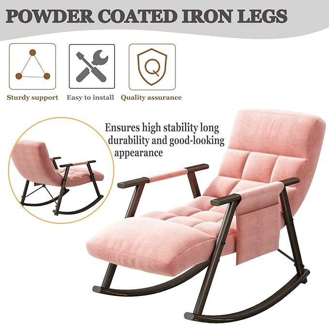 Folding Rocking Chair Nursery with Armrests, Upholstered Lounge Chair Indoor with Side Pocket, Adjustable High Back & Footrest, Glider Rocking Chair for Living Room, Bedroom, Balcony (Velvet, Pink)