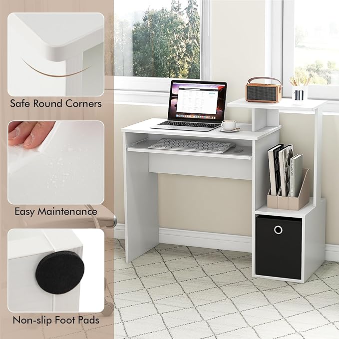 Giantex White Computer Desk with Drawers & Keyboard Tray, Modern Home Office Desk with Storage Shelves & Printer Stand, Laptop PC Table for Workstation, Study Writing Desk for Small Spaces, Bedroom