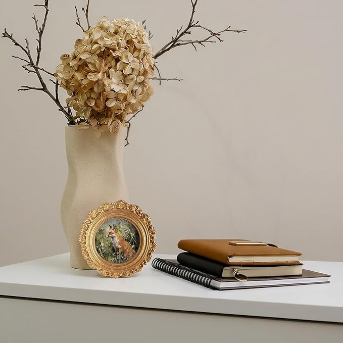 Vintage Fox Round Picture Frame Wall Decor, Rustic Farmhouse Gold Mini Ornate Photo Frame for TableTop Desk 2.7in Photo, Fall Framed Artwork for Walls Office Bedroom Cottage Shelf