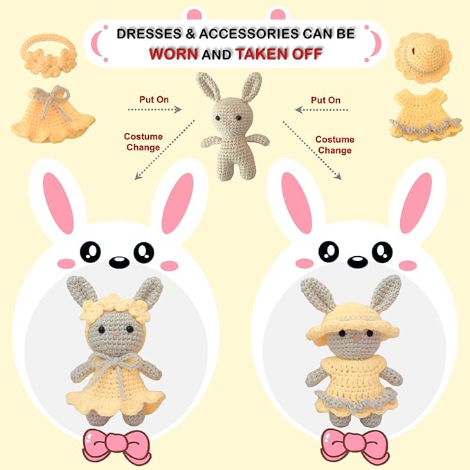 LoopMap Amigurumi Crochet Kit for Beginners with Removable Dress & Video Tutorials, DIY Bunny Making Kit Includes Premium Yarn & Tools, Creative Gift for Adults Teens (Yellow)