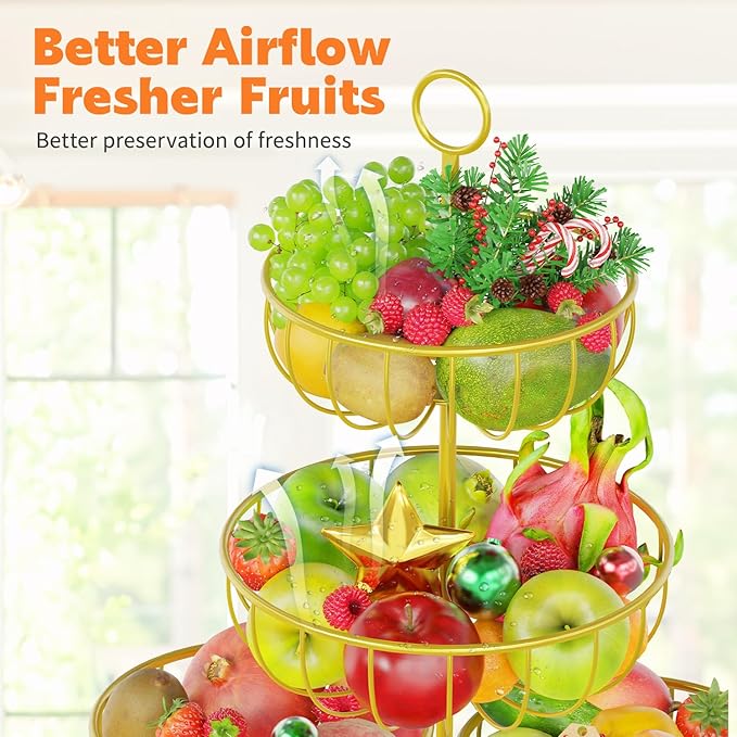 PouHenier.jh 5 Tier Fruit Basket Stand for Counter, Kitchen Tall Tiered Fruit Bowl Organizer for Dining Table Countertop, Multi Level Fresh Produce and Vegetable Holder Rack, Sturdy Metal Wire, Gold
