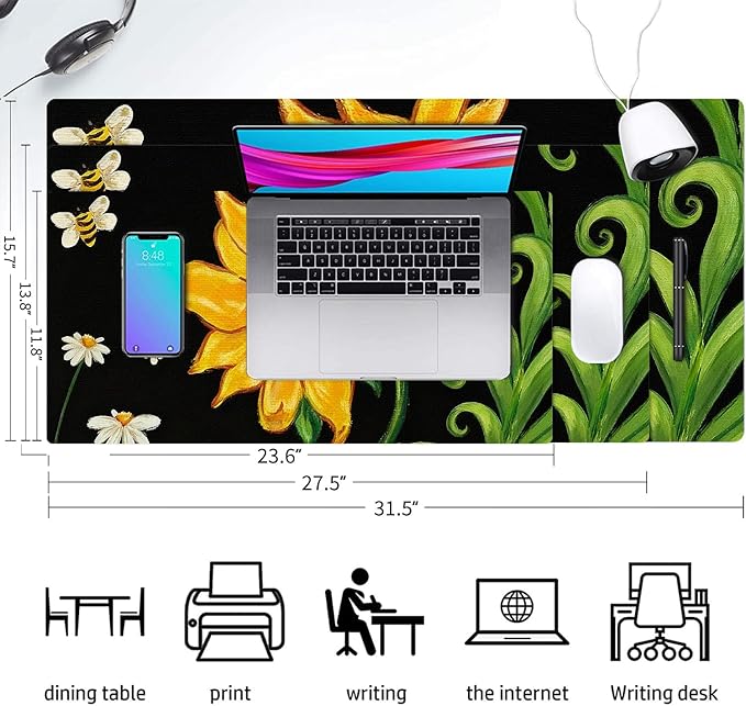 Oil Painting Flower Mouse Pad PU Leather Daisy Desk Mat Large Waterproof Gaming Pad Non-Slip Keyboard Mouse Pad Writing Pad for Gamer Office&Home