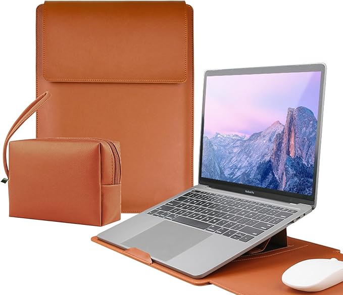 4-in-1 Laptop Sleeve with Stand and Mouse Pad, Faux Leather Protective Case with Accessory Pouch for 13.3-14 Inch Laptops, Brown
