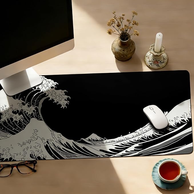 Large Gaming Mouse Pad Dark Wave Desk Mat,Non-Slip Rubber Base Stitched Edges,Extended Mousepad for PC,Laptop,Office,Home Decor(31.5 x 11.8 Inch)