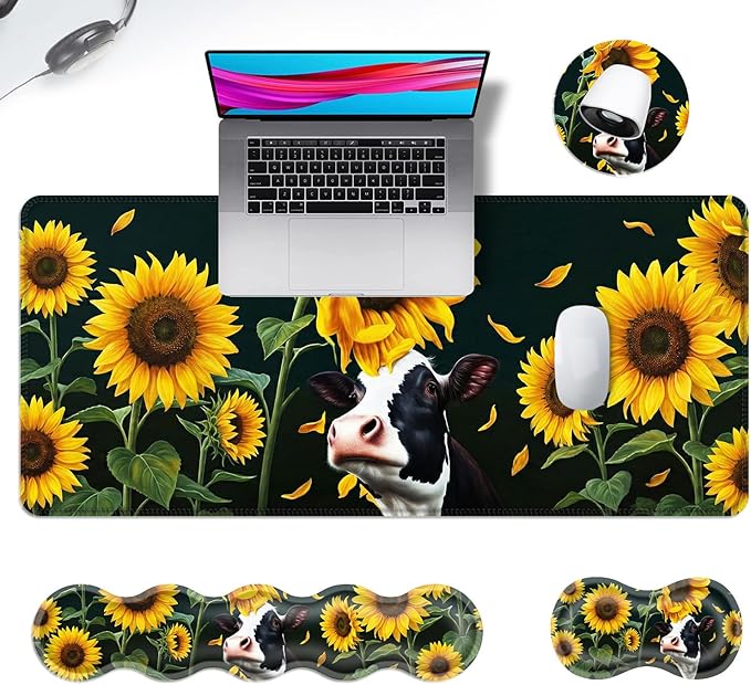 Ergonomic Mouse Pad Set with Wrist Support for Keyboard and Wrist Rest for Mouse, Memory Foam Comfort, Non-Slip Large Desk Mat for Home Office Pain Relief,Cute Sunflower Cow