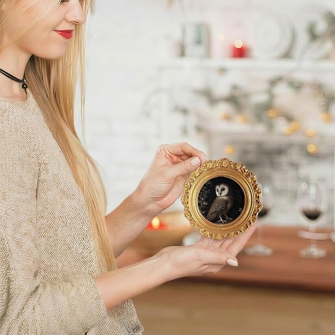 Vintage Midnight Owl Round Picture Frame Wall Decor, Black Goth Dark Gold Mini Ornate Photo Frame for TableTop Desk 2.7in Photo,Rustic Gothic Fall Framed Artwork for Walls Office Bedroom