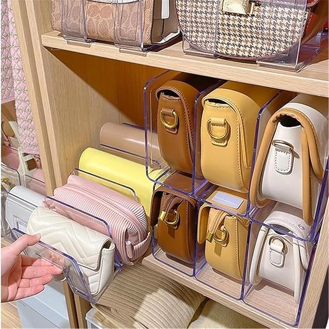 YAGELI Clear Acrylic Purse Organizer for Closet, 3-4 Section Desk File Sorter, 2.95" Wide Slots for Clutches, Handbags, Binders & Folders, Sturdy Stackable Bookshelf Organizer, 4-Pack (3 Sections)
