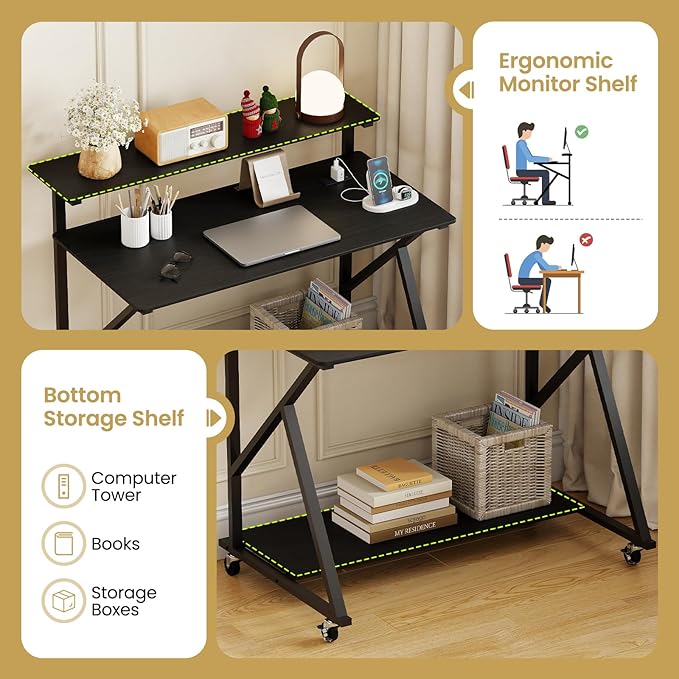 Tangkula 39.5" Mobile Computer Desk with Power Outlets, Rolling Laptop Workstation with Monitor Stand & Storage Shelf, Gaming Writing Desk with Lockable Wheels for Home Office Bedroom (Black)