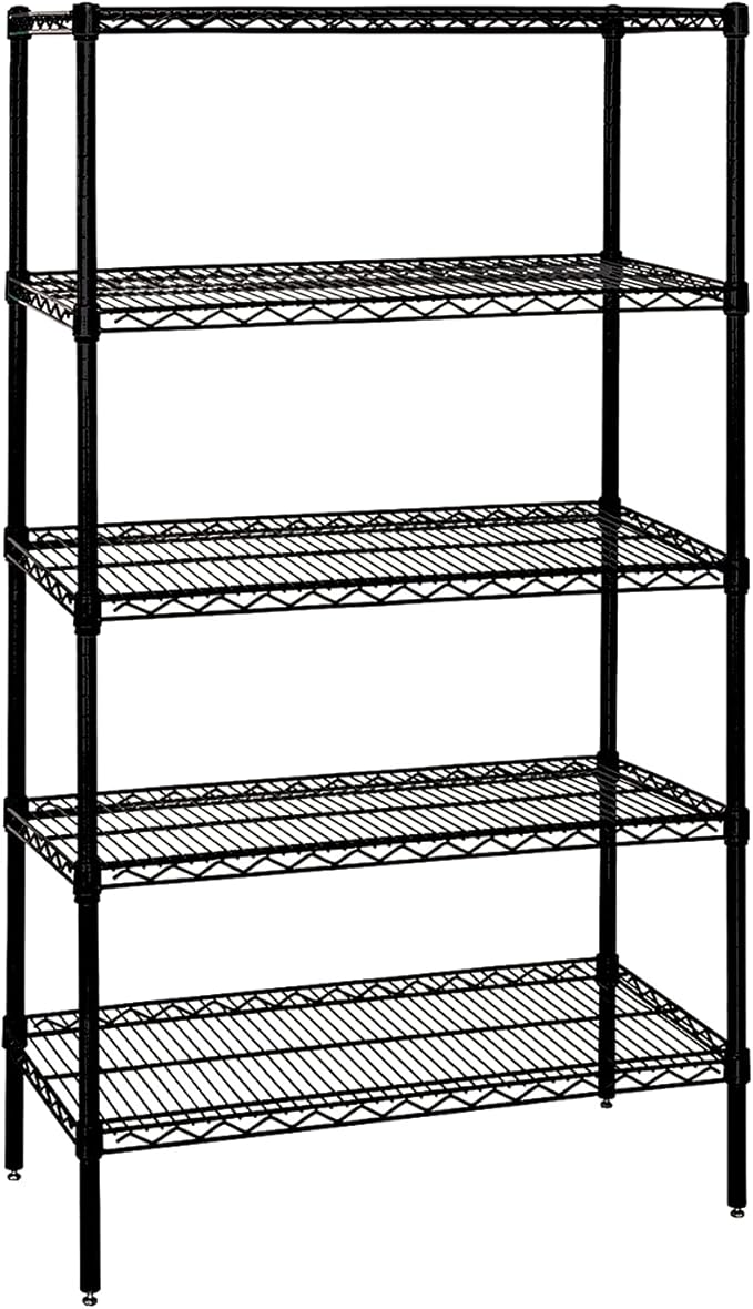 Quantum WR63-1424BK-5 Epoxy Coated Wire Shelving Starter Kit Unit with (5) Shelves and (4) Posts for Commercial Warehouse Distribution | 800 lbs Capacity | 24"W x 14"D x 63"H, Carbon Steel, Black, NSF