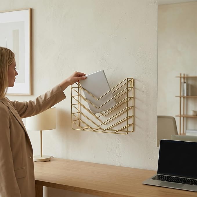 Gold File Organizer, Metal Wall Mounted Magazine Rack, Wall Mounted Magzine Holders for Office, Bathroom (4P Gold)