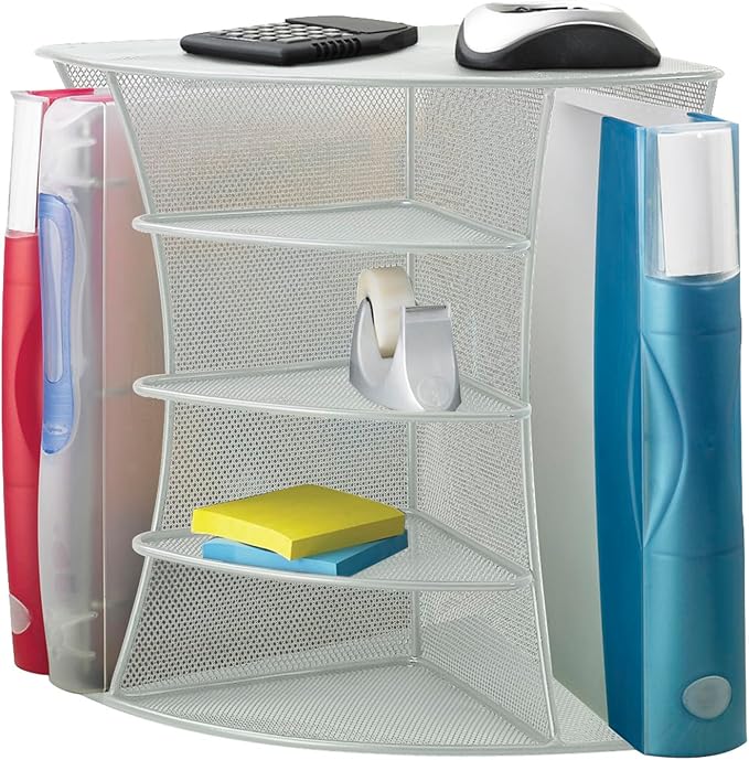 Safco Products 3261SL Onyx Mesh Corner Organizer - Durable Steel Mesh Corner Storage and Desk Top Organizer. Space Saving, For Home, Office & Classroom Organization, 13" x 15" x 11 ; Silver