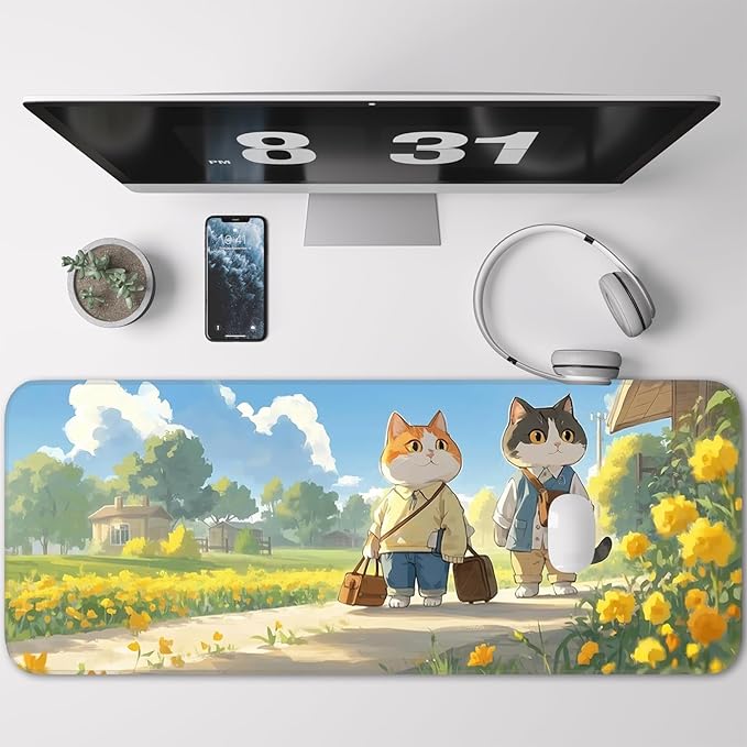 Cute Cat Mouse Pad, Non-Slip Rubber Gaming Mouse Pad with Seam Edge for Gaming, Office, Laptop, 31.5 x 11.8 Inch, Anime Cat Desk Mat