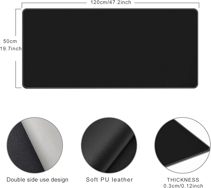 Chihein 59" x 24" 4XL PU Leather Desk Mat (Black/Gray), Huge Mouse Pad, Dual Sided Desk Pad Protector, Waterproof Writing Blotter for Gaming/Office/Home