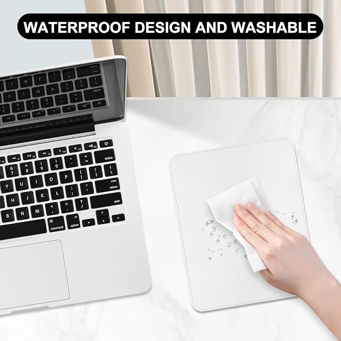 Leather Mouse Pad, Office Mouse Mat Non-Slip Rubber Base Stitched Edge Washable Waterproof Rectangular Mousepad for Office Gaming PC Laptop, 9.8" x 7.9", White