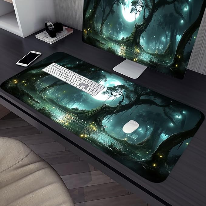 Enchanted Forest Gaming Mouse Pad Magic Moon Mysterious Fantasy Large Gaming Mouse Mat with Stitched Edges,Non-Slip Waterproof Rubber Base Mous Mat 31.5"x11.8" Office Computer Keyboard Laptop Home