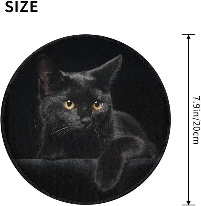Black Cat Round Mouse Pad Premium Textured Mouse Mat Washable Mousepads with Extended Stitched Edges Non Slip Rubber Base Small Mousepad 7.9 * 7.9 * 0.12 Inches