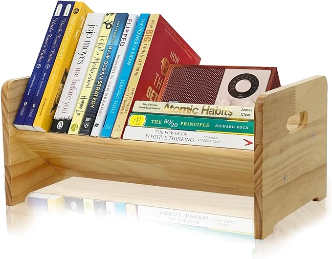 Desktop Bookshelf Organizer, Wood Office Tabletop Book Storage Rack, Tilting Bookcase for Books/Magazine Display,Small Desktop Bookshelf,Desk Shelf