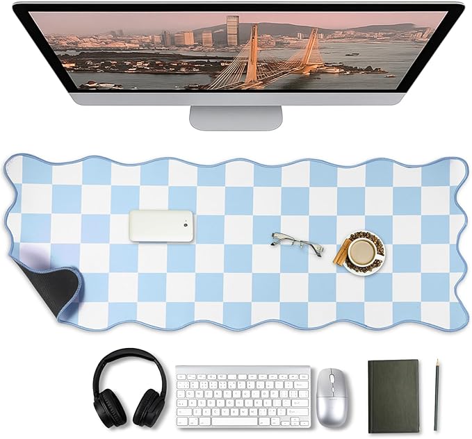 Copkim 1 Pcs Blue Scalloped Checkered Desk Mat 31.5 x 11.8 Inch Large Cute Mouse Pad Computer Mat Non Slip Waterproof Rubber Base with Border Stitching Soft Keyboard Pad for Home Office Gaming Makeup