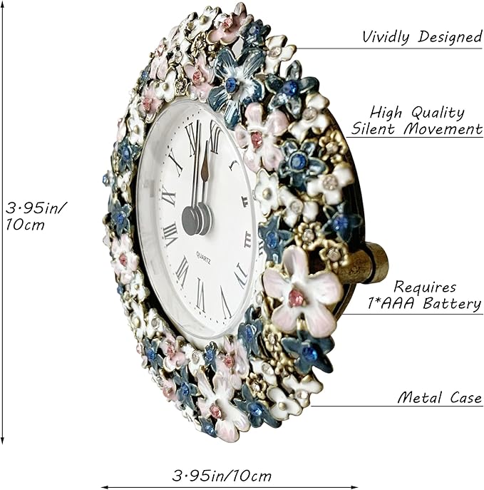 Silent Mini Vintage Analog Table Clock with Hand-Painted Metal Body and Battery Operated Non-Ticking Core for Shelf, Bedroom, Bedside, Desk, Gift Clock