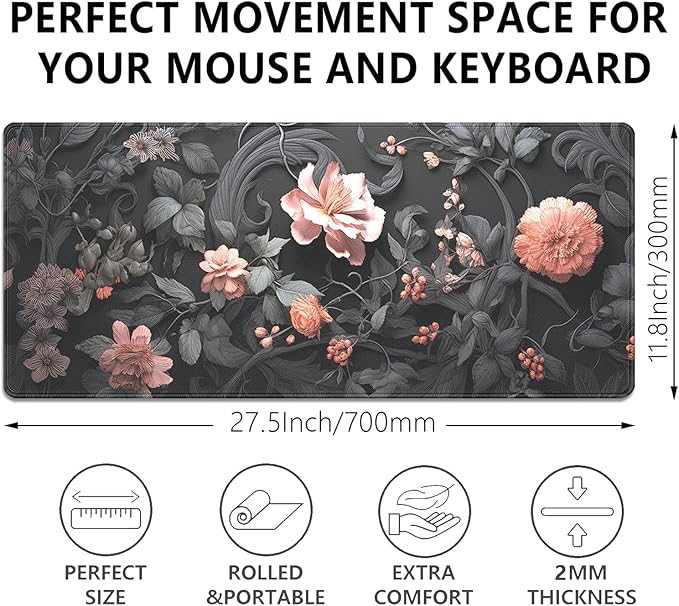 Black Floral Large Mouse Pad Desk Pad,27.5x11.8 in Extended Keyboard Mousepad with Stitched Edges, Waterproof Non-Slip Rubber Base for Office Computer Laptop Home