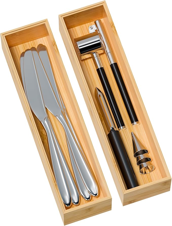 Kitchen Drawer Organizer Bins, Stackable Bamboo Deep Drawer Organizer for Silverware, Utensils, Cutlery, Flatware, Junk Drawer, Dresser, Bathroom, 12" x 3" x 2.5" (Set of 2)
