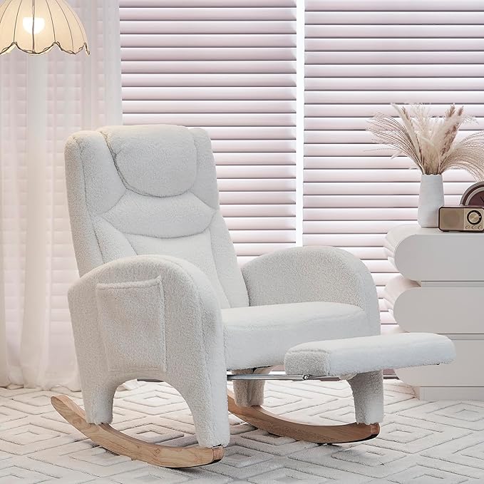 Comfy Rocking Chair Nursery Glider, Upholstered Nursery Chair with Foot Rest, Modern Rocker Chair with Pocket, Accent Armchair with Smooth Rocking Base for Nursing, Reading, Relaxing (Ivory Teddy)
