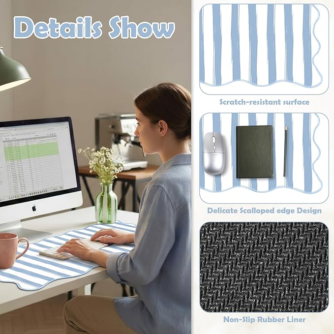 Copkim 1 Pcs Blue Scalloped Striped Desk Mat 31.5 x 11.8 Inch Large Cute Mouse Pad Computer Mat Non Slip Waterproof Rubber Base with Border Stitching Soft Keyboard Pad for Home Office Gaming Makeup