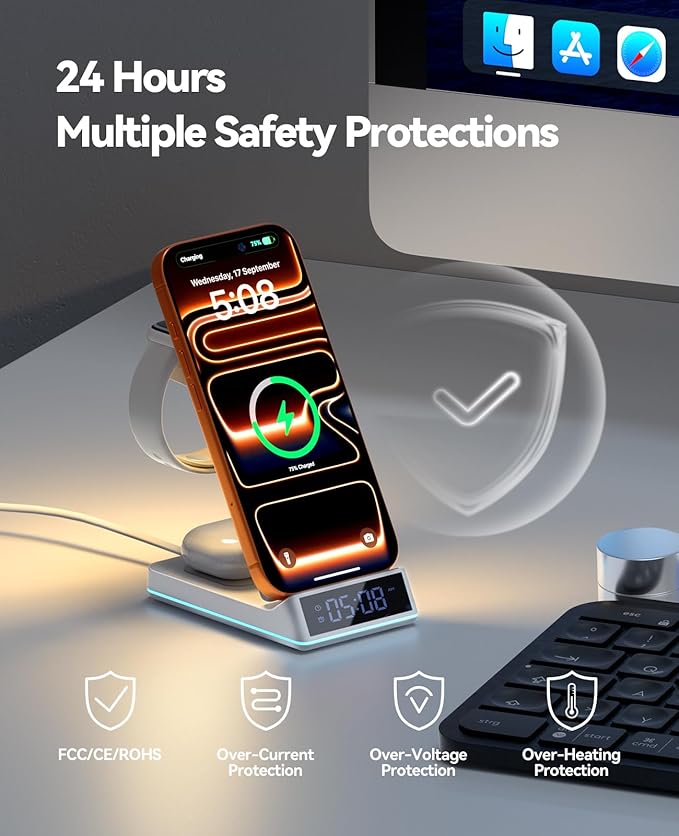 2026 Upgraded Wireless Charging Station, 7 in 1 Wireless Charger Station Foldable Charger Stand with Night Light/Alarm Clock for iPhone 17 16 15 14 13 12 Pro Max Plus, Apple Watch, AirPods 4/3/2/Pro