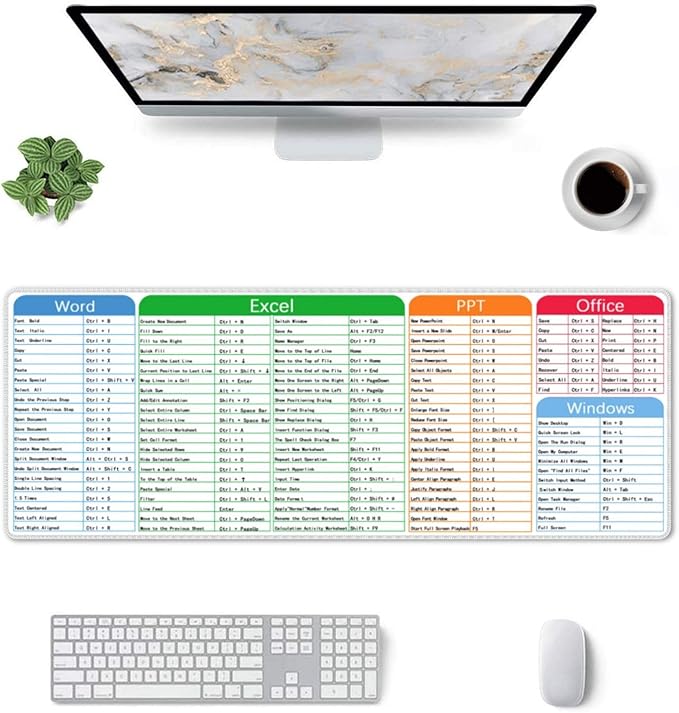 Computer Office Software Excel Word Shortcut Keys Mouse Pad XL Extended Mouse Mat Non Slip Rubber Base Stitched Edge Gaming Pc Large Mice Pad 31.5 X 11.8 Inch