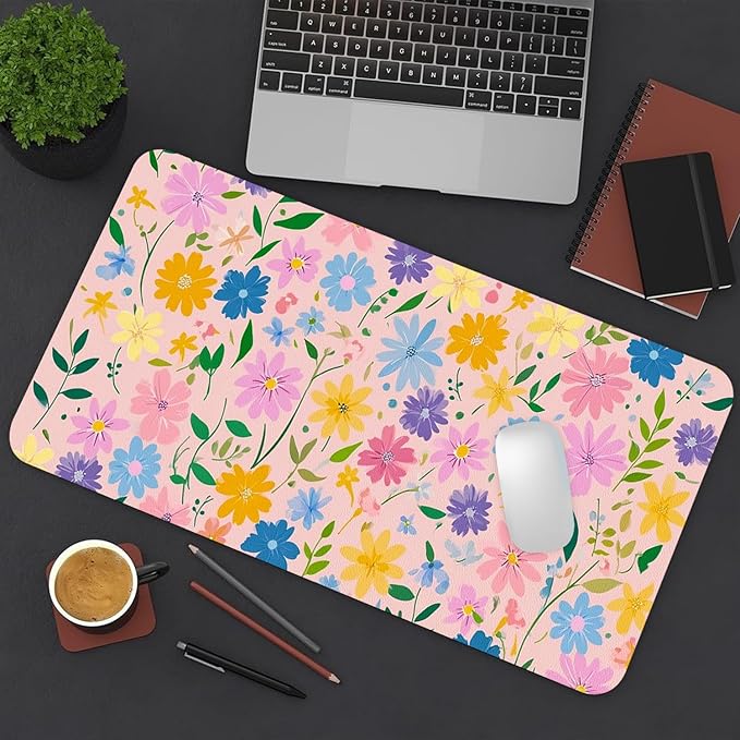 Desk Mat Large Mouse Pad, Non-Slip PU Leather Gaming Mousepad Keyboard Mouse Mats Desk Pads 27.5"x13.8" for Work Office Decor Gifts Pink Flowers
