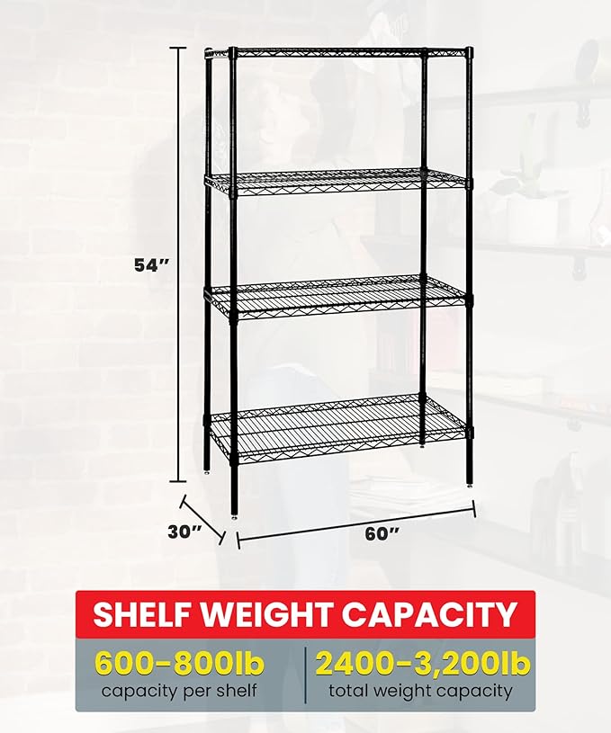Quantum Storage Systems WR54-3060BK Wire Shelving Starter Kit, 60" W x 30" D x 54" H, 600 lbs Capacity, Carbon Steel, Epoxy Coated, Black, NSF
