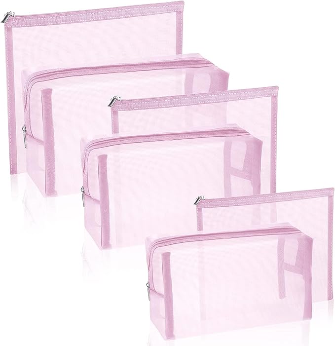 SUPACOOL Set of 6 Travel Mesh Makeup Bag, Cosmetic Organizer Pouches with Zipper, Diaper Organizing Pouches, Nylon Toiletries Bag for Women and Men(6pcs, Pink)