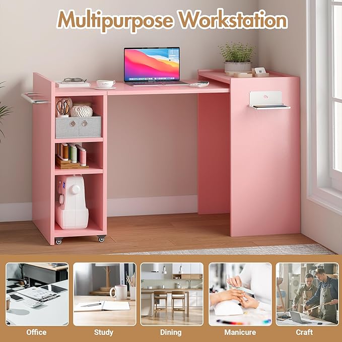 smilesun Folding Dining Table, Wall Mount Foldable Kitchen Table w/Fabric Drawer & Adjustable Storage Shelf, Space Saving Compact Expandable Pull Out Table for Small Spaces, Pink