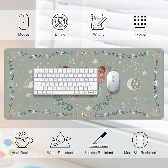 DINKY Leather Desk Pad, Green Butterfly Laptop Computer Desk Keyboard Mat, Table Protector Blotter Mat, Non-Slip Large Mouse Pad for Office/Work/Home 35.4" x 15.7"