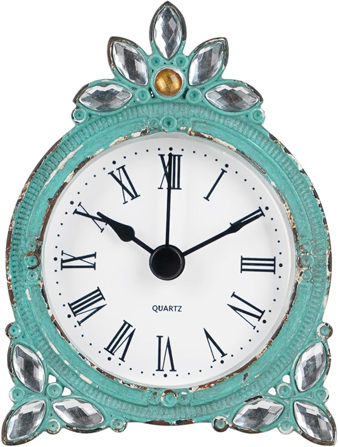 NIKKY HOME Vintage Pewter Quartz Mini Table Clock with Crystal Shining Rhinestone, 2.87 x 1.37 x 3.87 Inches, Aqua