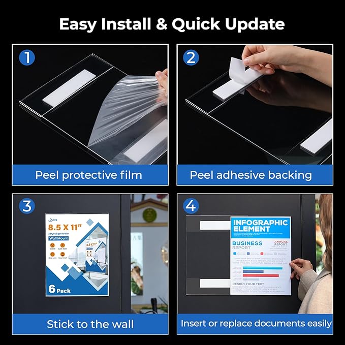 Dynta 6 Pack Acrylic Sign Holder 8.5 x 11 Wall Mount, Clear Plastic Frames with Adhesive Tape, Vertical Fly Holder for Office, Restaurant, School and Home, No Drilling Required