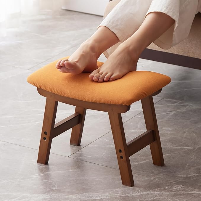 Kitsanery Foot Stool,Ottoman,Bamboo Small Sofa Foot Rest Under Desk,Extra Seating for Living Room, Bedroom and Kitchen(Brown Stool Legs - Orange Surface)