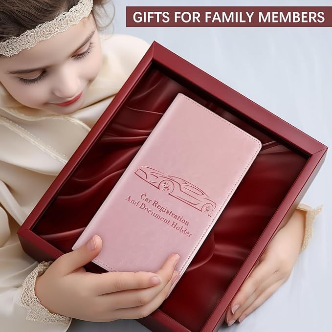 Car Registration and Insurance Card Holder for Women Men, Pink Glove Box Paperwork Organizer with Magnetic Buckle for Easy Access and Protect Documents and Various Cards in Vehicle