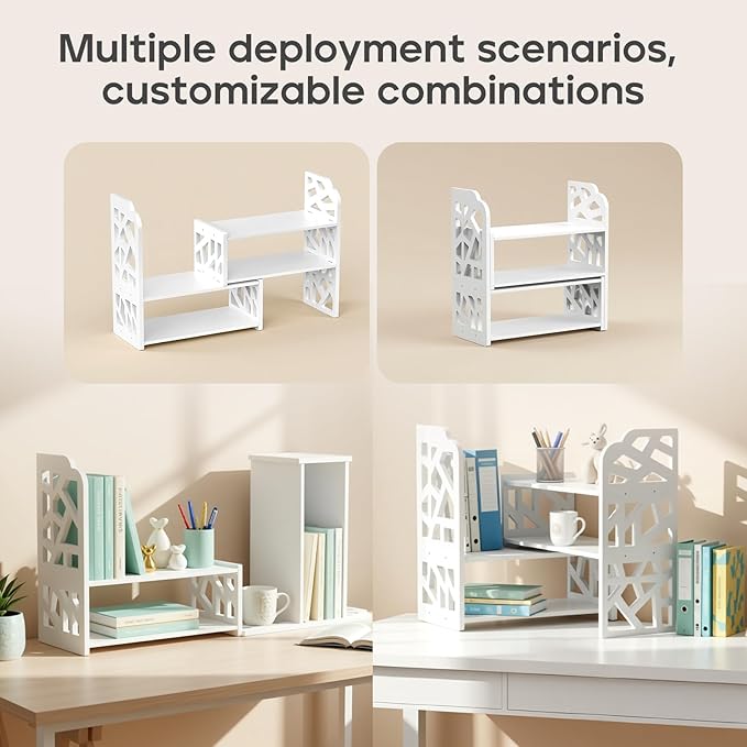 Desktop Shelves, Adjustable White Bookshelf Desktop Organizer and Desktop Storage