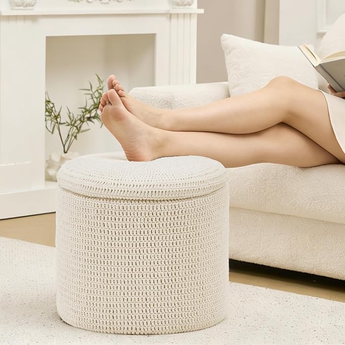 Wimarsbon Pouf Ottoman, 100% Cotton Knitted Boho Footstool, Round Footrest with Non-Skid Wood Legs, Home Décor Handmade Pouffe, Leisure Floor Step Stool for Living Room (18inch White Storage Ottoman)