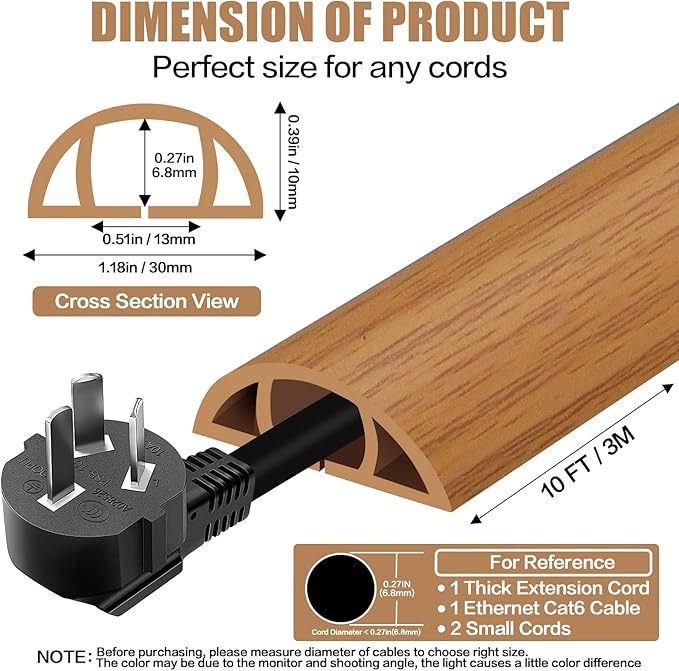Floor Cord Cover Self Adhesive Cord Hider,10FT Cable Management, Extension Strip Protector for Wires, Prevent Cable Trips for Offices, Gyms, Exhibitions Cavity 0.39"(W) x 0.27"(H) BrownWood