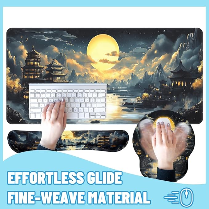 Fantasy Temple Desk Mat Set Golden Moon Asian Night Landscape Large Mouse Pad with Wrist Rest 4in1 Desk Mat for Desktop Ergonomic Computer Desk Arm Wrist Anti-Slip Computer Mouse Pad Office Gaming
