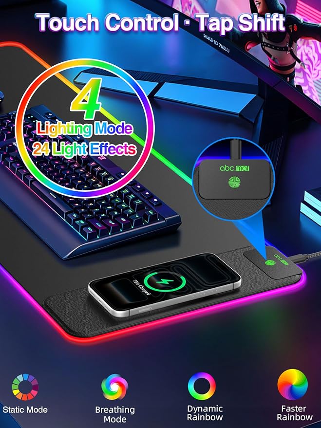 RGB Gaming Mouse Pad with 15W Magnetic Wireless Charger, 31.5'' x 11.8'' Large LED Desk Mat, 24 Lighting Effects Keyboard Pad with Non-Slip Rubber Base, Waterproof Ultra-Smooth Surface