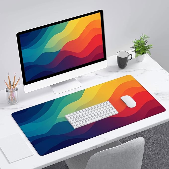 Rainbow Mousepad Colorful Retro Abstract Blue Red Yellow Mousepad Extended Large Laptop Keyboard Non-Slip Rubber Base with Stitched Edges for Home Office Computer Keyboard Laptop 31.5x11.8 Inch